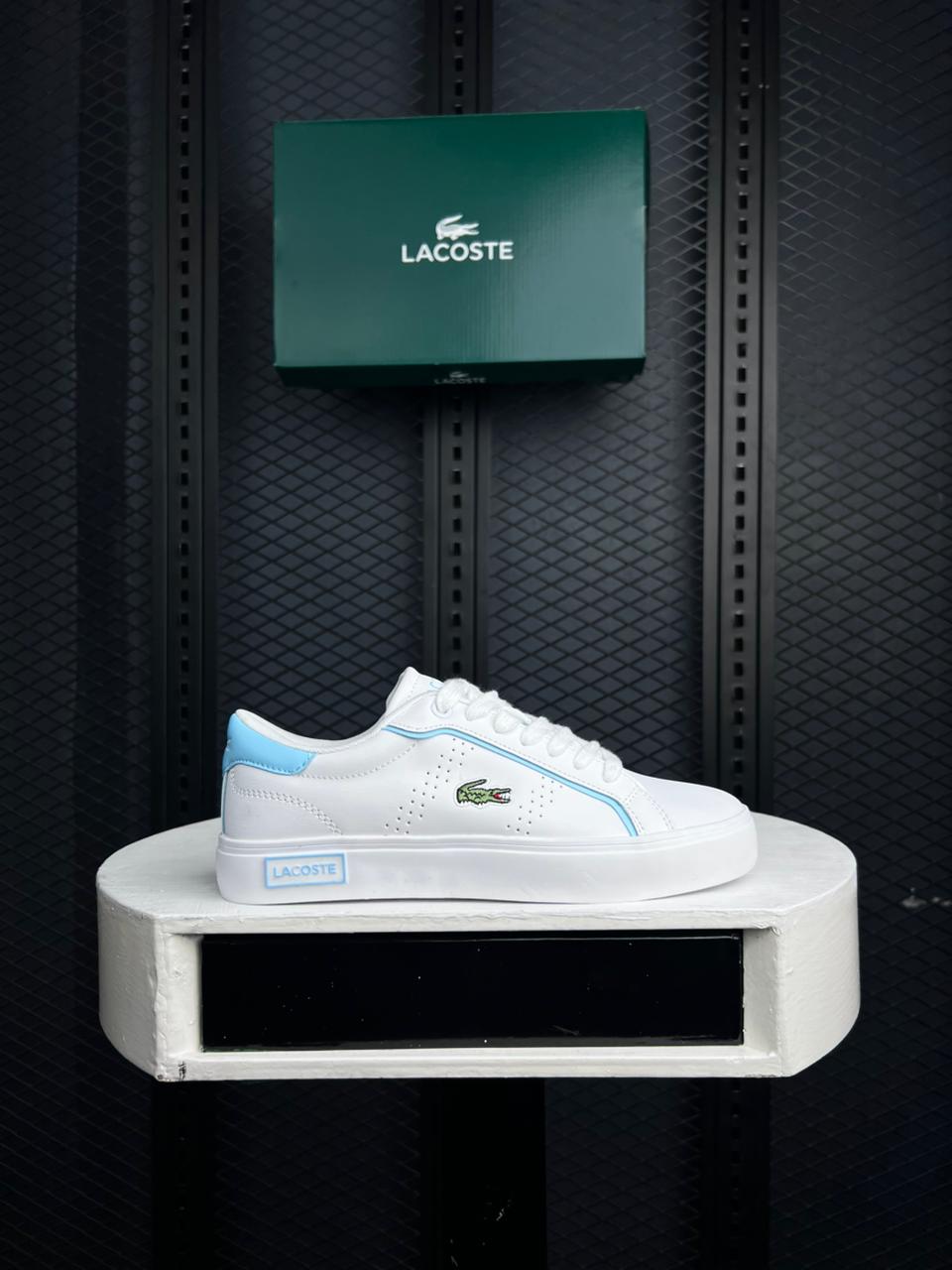 Lacoste Court-Inspired Perforated Leather Sneaker | White with Light Blue Accents
